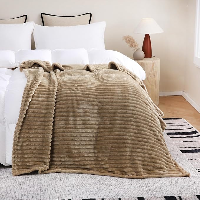 Tan Fleece Throw Blanket 50”×60” for Couch Sofa Livingroom | Super Soft Cozy Plush Microfiber Flannel Bed Blanket Striped Design Lightweight Home Decor Gifts for Adults Mom Women