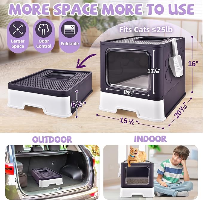 Covered Cat Litter Box, Extra Large Drawer Design with Dual Entry, Purple | 13L litter capacity, adjustable door, leakproof structure, cleaning accessories, complimentary cat litter mat