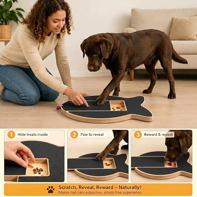 Dog Nail Scratch Board with Treat Drawer, Interactive Nail Filing Pad for Dogs, Gentle 120 Grit Scratcher for Front Paws, Anxiety-Free Training Tool with Replaceable Sandpaper