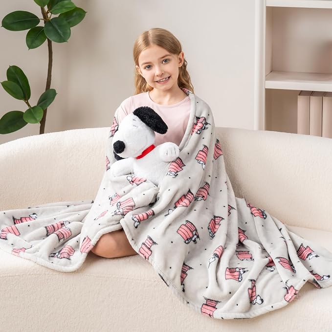 Berkshire Blanket Peanuts® VelvetLoft® Cute Character Snoopy Plush Oversized Throw Blanket, Peanuts Regular Snoopy Dog House Poses & Polka Dots Grey (50in x 60in)