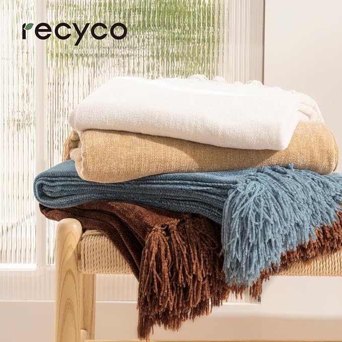 RECYCO Chenille Throw Blanket for Couch, 60"x80", Beige | Super Soft Knit Throw Blanket with Fringe Tassels, Lightweight Knitted Throw, Cozy, Ideal for Sofa Chair Bed Living Room Gift