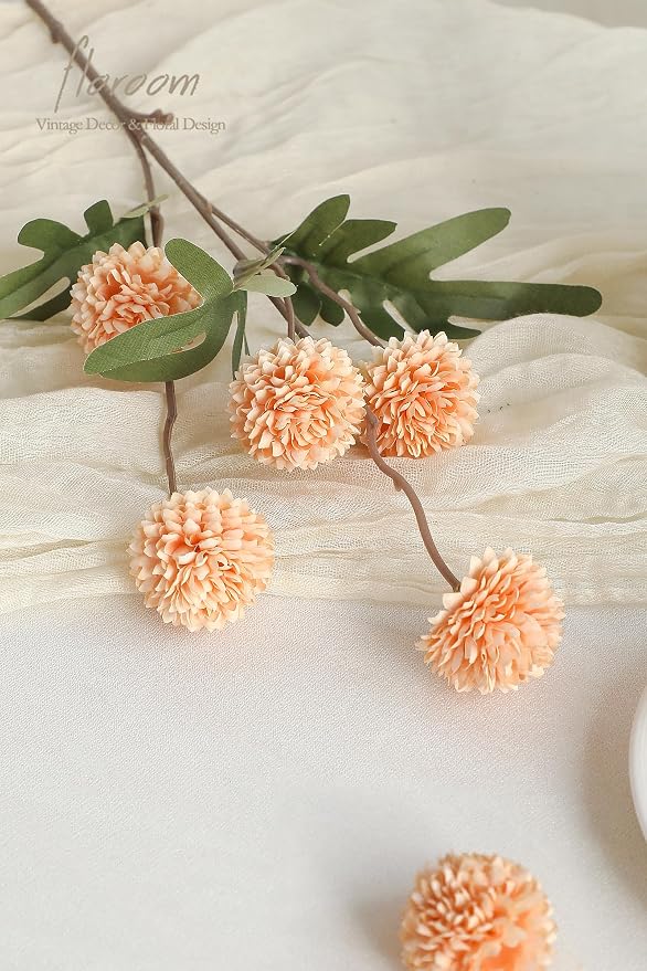 5pcs Apricot Peach Faux Silk Mums Artificial Flowers, Bulk Fake Small Mini Chrysanthemums with Stems for DIY Wedding Centerpieces Floral Arrangements Vase Fillers Home Decorations