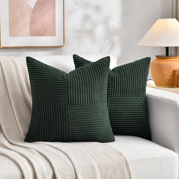 Fancy Homi Dark Green Samll Decorative Throw Pillow Covers 14x14 Inch for Living Room Couch Bed, Boho Farmhouse Forest Green Home Decor, Soft Corss Corduroy Patchwork Textured Cushion Case