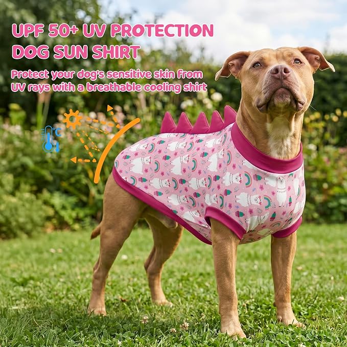 UPF 50+ Sun Protection Dog Shirt - Sleeveless Cooling Vest for Medium Dogs Girl, Quick-Dry Pet T-Shirt with Funny Dinosaur Horns, UV Protective Breathable Dog Clothes U-COSBX09M