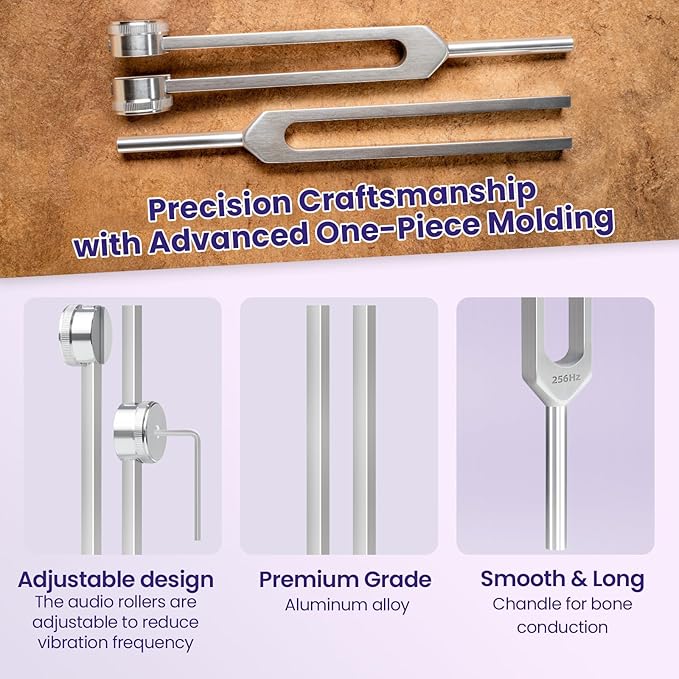 Tuning Fork Set (128 Hz, 136.1 Hz, 256 Hz, 384 Hz): Weighted & Unweighted Tuning Forks Frequency Devices of 4 Pack with Reflex Hammer for Chakra & Sound Meditation