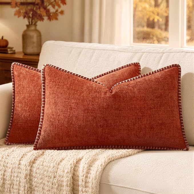 MIULEE Fall Decorative Lumbar Throw Pillow Covers 12x20 Inch Rust 2 Pack | Terracotta Farmhouse Pillow Covers with Stitched Edge, Soft Chenille Cushion Cases, for Couch Sofa Bed Living Room Home Decor