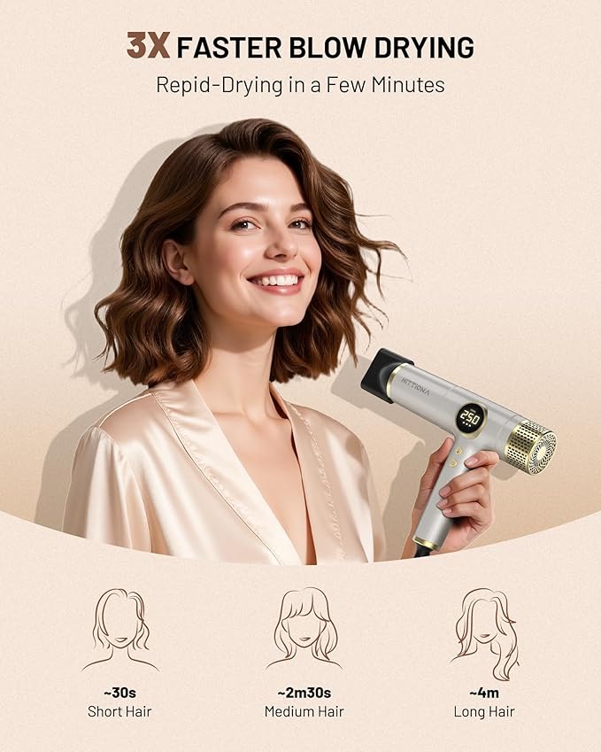 HITTIONA Dual Voltage Travel Hair Dryer with Magnetic Diffuser - 2000W High-Speed Ionic Hair Dryers Gift for Women, Fast Drying, Low Noise, Lightweight, No Heat Damage, European Travel 110V-240V, Gold