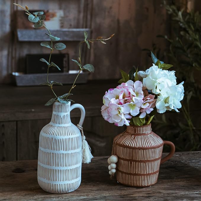 Mowtanco Rustic Farmhouse Vase with Handle and Boho Wooden Beads - Terracotta Vase with Vertical Stripes for Vintage Home Decor