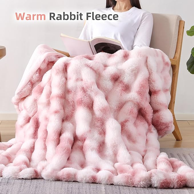 Faux Fur Throw for Couch - Tie-dye Pink Bubble Blanket 60"x80" | Fluffy Plush Fuzzy Throw for Sofa & Bed, Super Soft Cozy Comfrt Blanket, Luxury Aesthetic Pink Decor Gift for Women