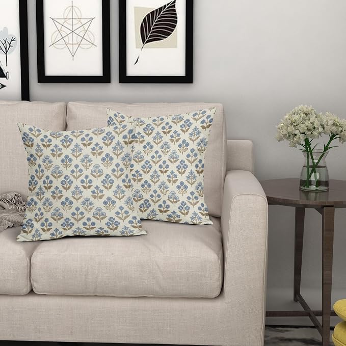 Brown Blue Floral Pillow Covers 22x22 Inch Set of 2, Vintage Flower Block Pattern Decorative Throw Pillowcases Outdoor Farmhouse Cushion Covers Spring Summer Rustic Sofa Couch Bed Decor