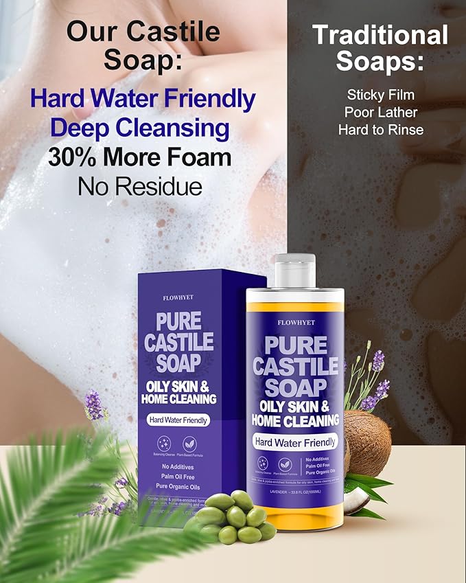 Pure Castile Soap Liquid Lavender 33.8 fl oz – Natural & Vegan Body Wash for Oily & Sensitive Skin, Hard Water Friendly Bath Soap Liquid for Body,Face, Laundry Soap & Home Cleaning 1L