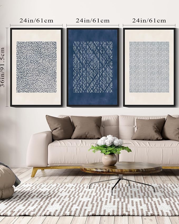 Drsoum Blue Mid-Century Modern Framed Wall Art Large 24x36in Minimalist Abstract Boho Wall Decor Geometric Artwork Kitchen Dining Room Black Framed
