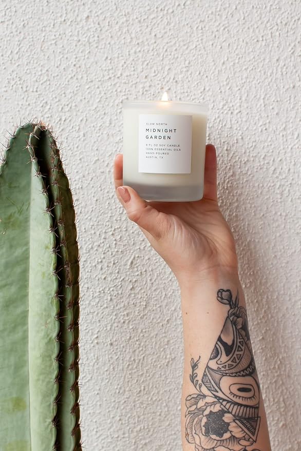 Slow North Midnight Garden Candle - Essential Oils and Pure Soy Wax Candle in a Reusable Frosted Glass Jar - A Unique Scented Candle Hand-Poured in the USA (8 oz)