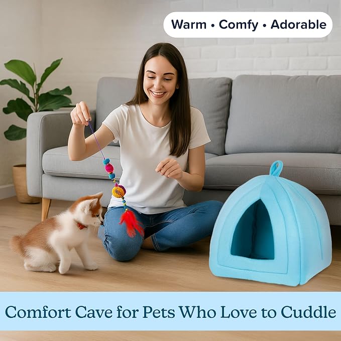 PETMAKER Cat House Indoor Bed with Removable Foam Cushion, Blue | Plush Cat Tent Bed for Small Kittens, Rabbits, Guinea Pigs, and Other Small Animals, Comfortable Cozy Pet Hideaway