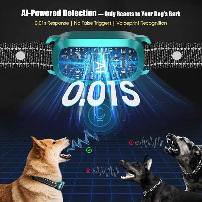 Bark Collar for Small Medium Large Dogs with 5 Training Modes, Teal | AI Bark Recognition, Effective Anti Barking Device with 5 Sensitivity Levels, Rechargeable IP67 Waterproof Anti Bark Collar