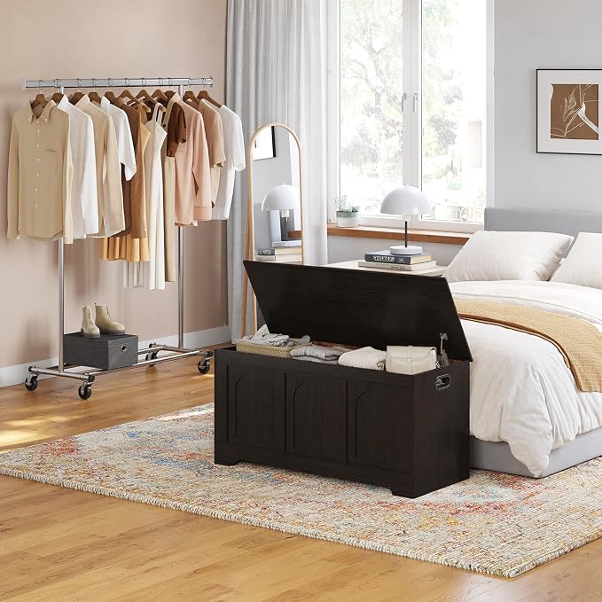 Storage Chest, Wooden Toy Box, Espresso 39.4" L | Entryway Shoe Bench, 2 Soft-close Hinges, Finger-safe Flip-Top Lid, Easy Assembly, Farmhouse Large Trunk, Living Room/Bedroom