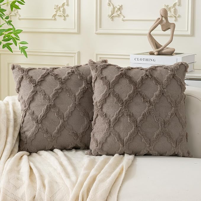 Set of 2 Soft Moroccan Throw Pillow Covers 20x20 Inch Plush Boho Decorative Pillow Cover Accent Cushion Case for Couch Sofa Bed, Deep Grey