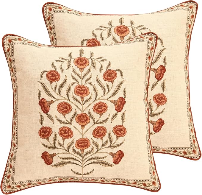 Designer French Linen Throw Pillow Cover,Set of 2,18"x18"-Albano B | Elegant Square Pillow Cover,Concealed Zipper Design,Floral Pattern,Sofas,Bedroom,Living Room,Lounge Chairs,Decor