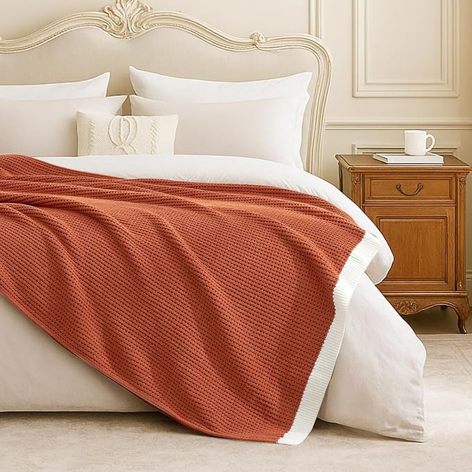 Chenille Throw Blanket, Soft Cozy Waffle Throw for Couch & Sofa, Warm Yet Lightweight, Breathable All-Season Throws for Women Men, Housewarming, Birthdays, 50"x60", Orange