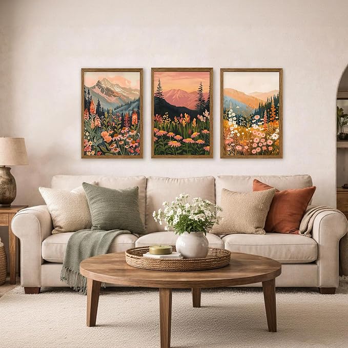 WRFON Botanical and Flower Canvas Wall Art, Framed Mountain Landscape Wall Art Set of 3, Wildflower Meadow Canvas Print, Rustic Nature Decor for Living Room Bedroom Cabin Lodge Farmhouse Decor, 12x16