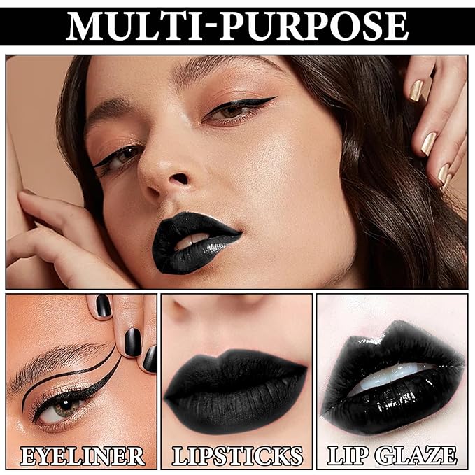Black Matte Liquid Lipstick,3 in 1 Black Lip Liner and Lipstick Set,Matte Lip Gloss Long Lasting Moisturizing Velvet Lipgloss Make Up Gift Set Cosplay Goth Halloween Special Effects Makeup Kit