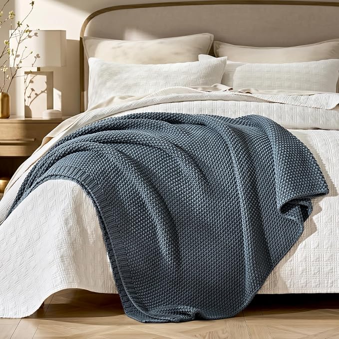 Organic Cotton Chunky Knit Throw Blanket, 50 x 60 Dusk Blue | OCS Certified Organic Cotton, Seed Stitch Knit, Soft & Breathable, Cozy Midweight, Decorative Throw for Couch, Bed & Sofa