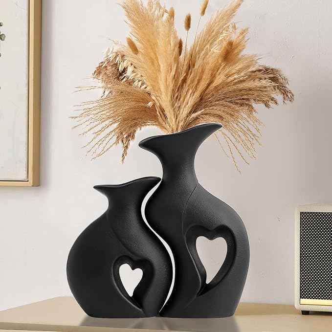 XL Black Snuggle Hollow Ceramic Flower Vase Home Decor Set of 2 | Heart Shaped, Minimalist, Decorative Flower Vase for Wedding,Living Room,Dining Table,Bedroom,Entryway,H 10.1 inches