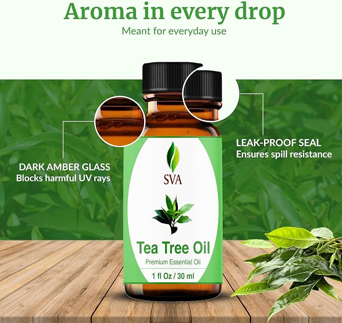 SVA Tea Tree Essential Oil 1 Fl Oz – for Diffuser, Skin & Hair Care – Ideal for Massage & DIY Blends – with Dropper