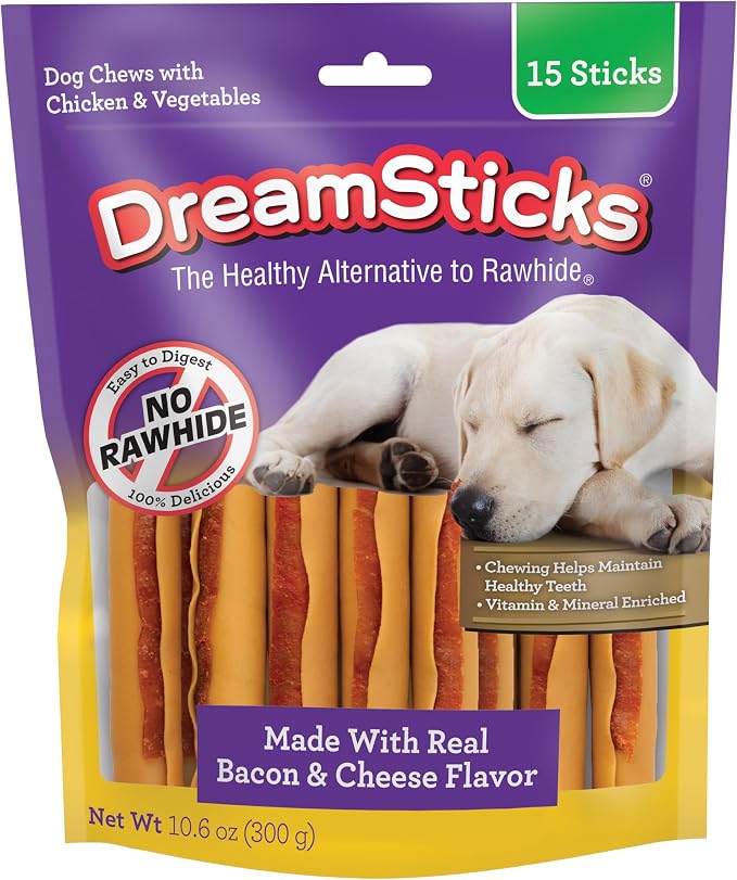 DreamBone DreamSticks with Real Bacon and Cheese Flavor, Rawhide Free Dog Chew Sticks 15 Sticks | Daily Chew, Digests Safely and Completely, Made With Real Bacon, Cheese, Chicken & Veggies, For Adult Dogs