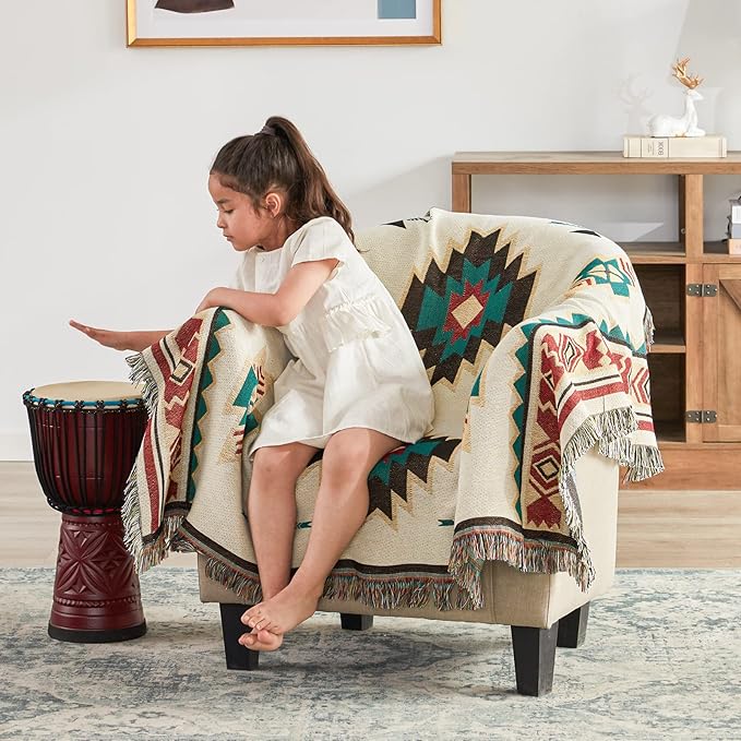 Native American Blanket Western Decor Boho Throw Blanket for Sofa, Mexican Decorative Farmhouse Blanket, Southwest Decor Woven Blankets, Aztec Throw Blankets with Tassel(Beige,50×60 inch)