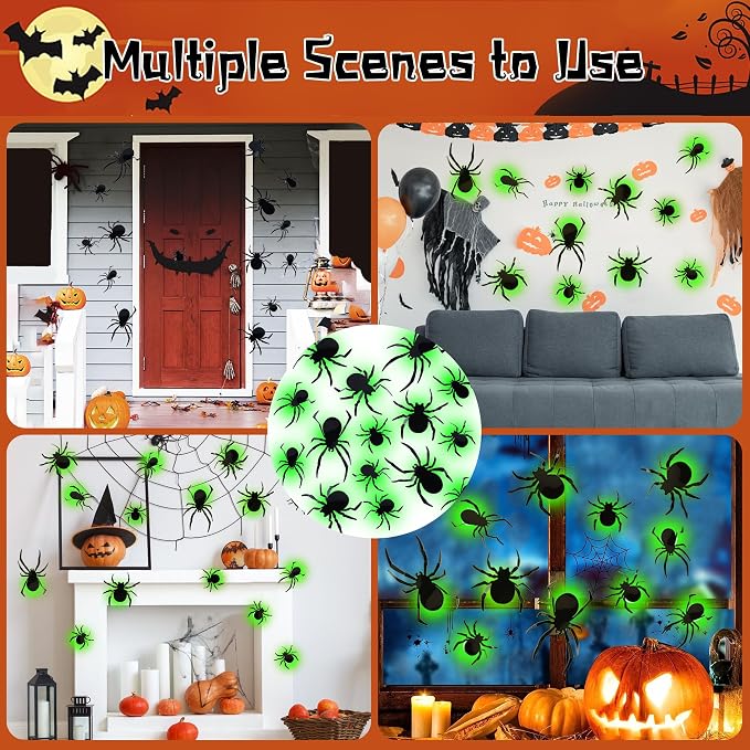 DR.DUDU 36 Pack Halloween Wall Decor Light up Spiders, Green | 3D Spider Stickers, Removable Wall Decals, Assorted Sizes, PVC, Window Decorations, For Indoor Outdoor Bathroom Home Party
