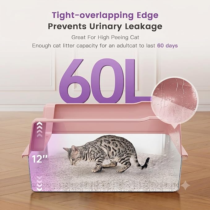 XXXL Stainless Steel Cat Litter Box with Lid, 26" L x 18" W x 12" H Metal Litter Box with High Sides for Big Cats & Multiple Cats, Never Absorbs Odors, Anti-Urine Leakage, Easy Cleanin(Pink)