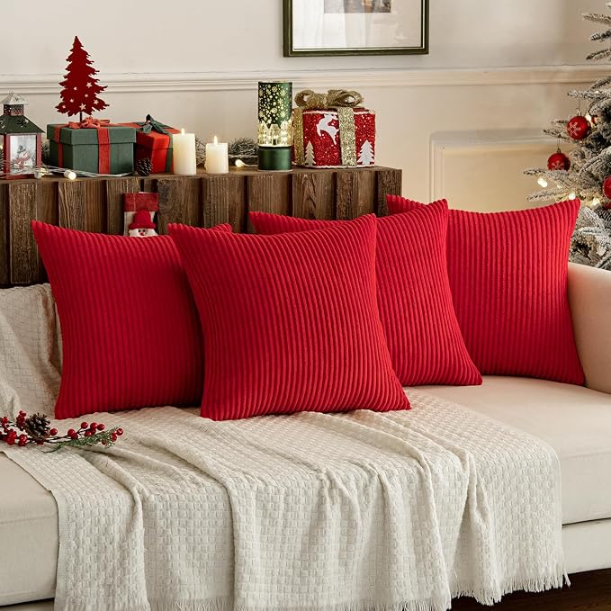 MIULEE Soft Corduroy Decorative Throw Pillow Covers Christmas Red 18x18 | Set of 4, Mordern Nordic Christmas Decor, All Same Color Set, Boho Farmhouse Cushion Covers for Couch Bed Sofa Living Room