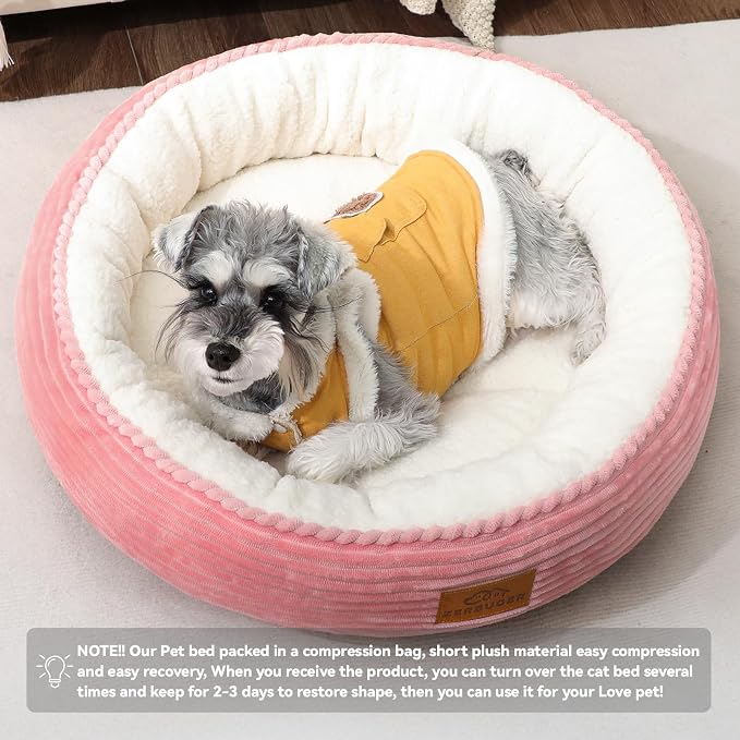 Zerbuger 23in Pink Round Dog Bed Sofa for Dogs Cats, Machine Washable | for Small/Medium/Large Dogs Cats, Foam Pet Couch with Removable Mat Non-Slip Bottom, Pet Cuddler for Indoor/Outdoor/Car/Cage