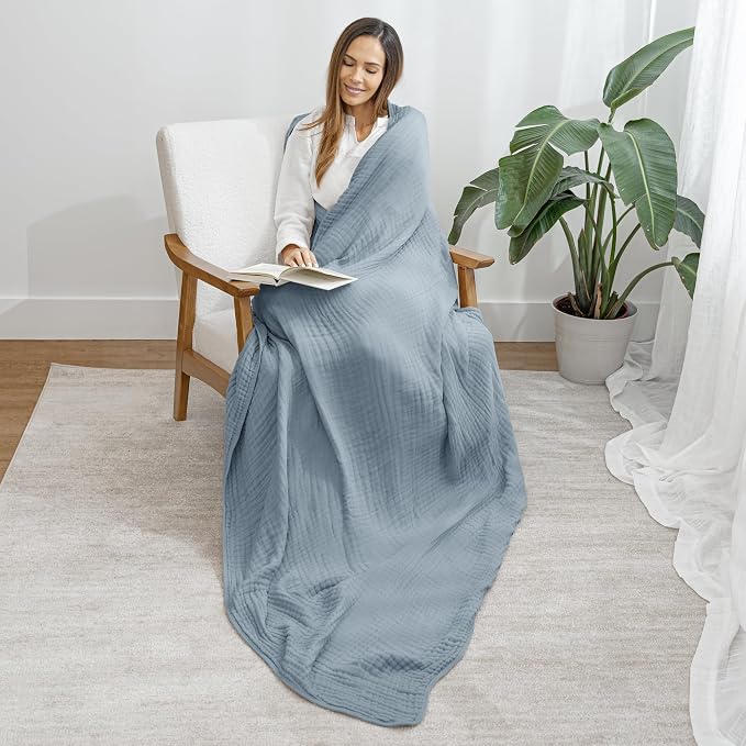 Comfy Cubs Adult Muslin Blanket 50x60” Throw Swaddle Blankets, Pacific Blue | 6 Layer Soft, Breathable & Lightweight Muslin Adult Blanket - Machine Washable & Designed in the US Bedding for All Seasons