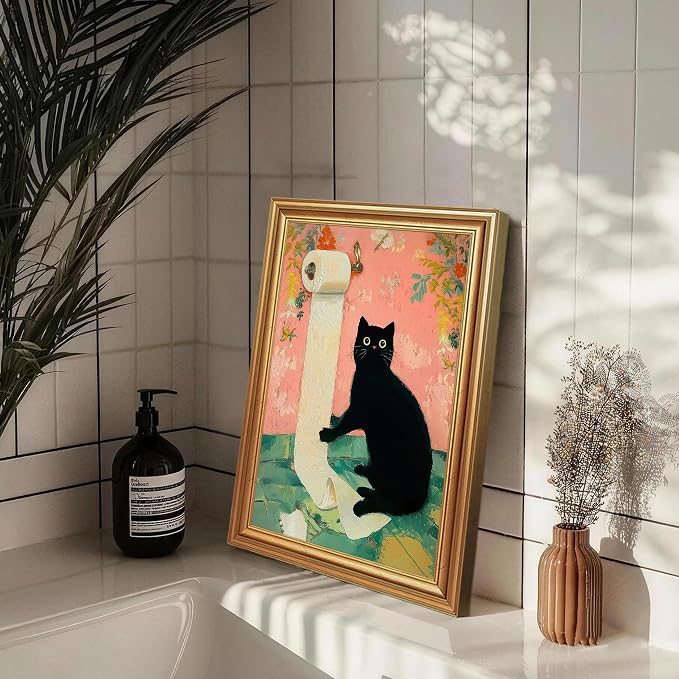 ICHZUMW Gold Framed Funny Black Cat Toilet Paper Canvas Wall Art, 12x16 In | Quirky Cat Print Humorous Pink Bathroom Wall Decor, Restroom Powder Room Guest Toilet, Fade Resistant, Ready to Hang