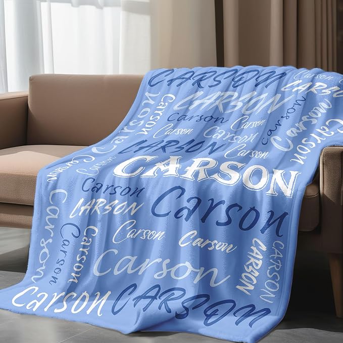 Personalized Custom Light Blue Theme Light Soft Flannel Fleece Throw Blanket with Name for Men, Women, Boys, Girls, Kids - Customized Name Gifts for Birthday, Christmas, Valentines Day
