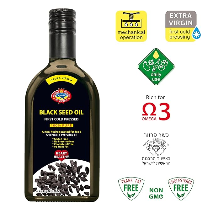 Black Seed Oil Cold Pressed Glass Bottle 11.83 OZ from Ukraine - Black Cumin Seed Cooking Oil for Soups, Salads, Baking