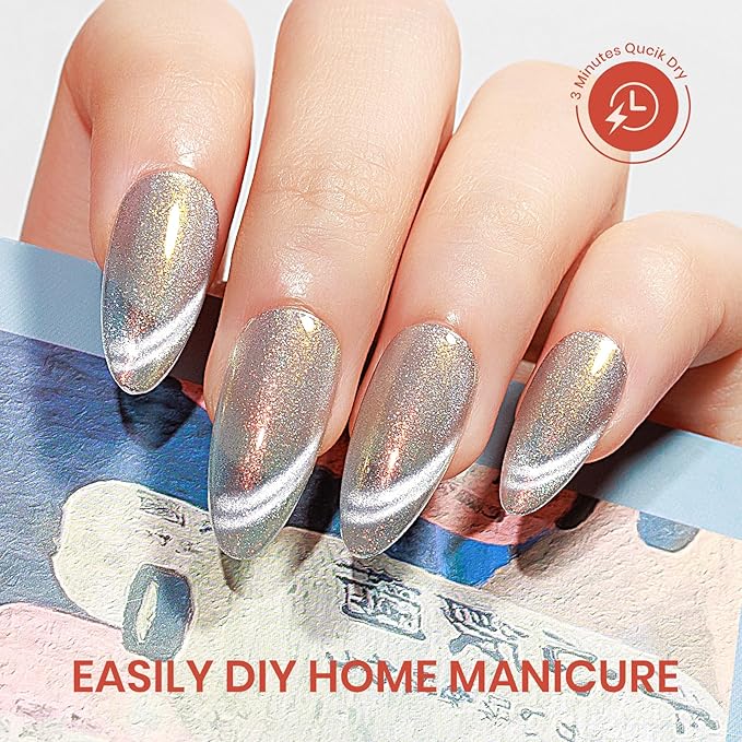 Aurora Silver Magnetic Nail Polish Non Gel, Quick Dry Cat Eye Nail Polish with Magnet for Fingernail Air Drying Fast Lacquer Manicure Gift For Women Girls 16ml/0.54fl oz