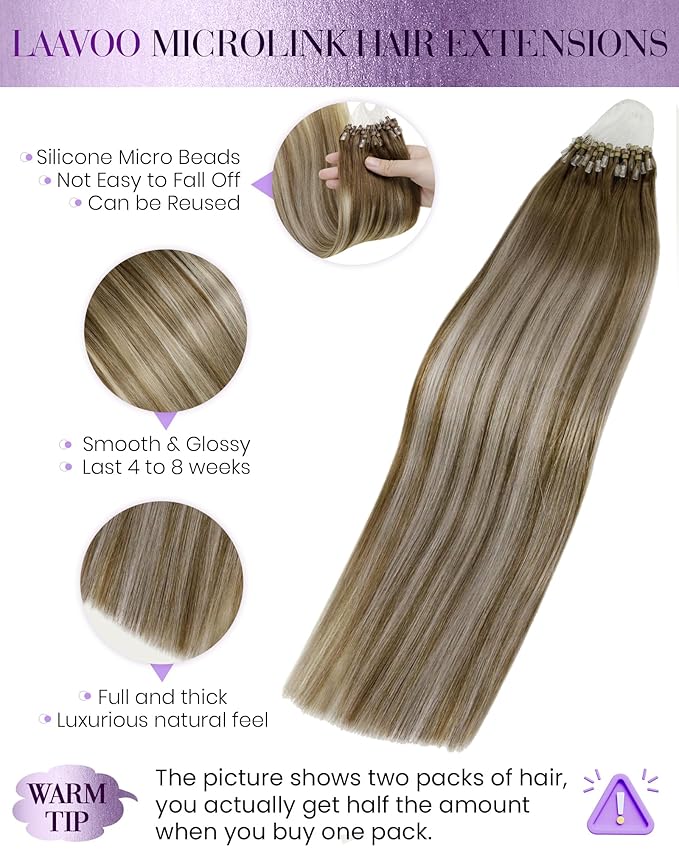 LaaVoo Micro Link Human Hair Extensions Brown Balayage Micro Beads Hair Extension Human Hair Ash Brown Fading to Platinum Blonde Micro Loop Extensions Real Hair 18inch 50g 50s