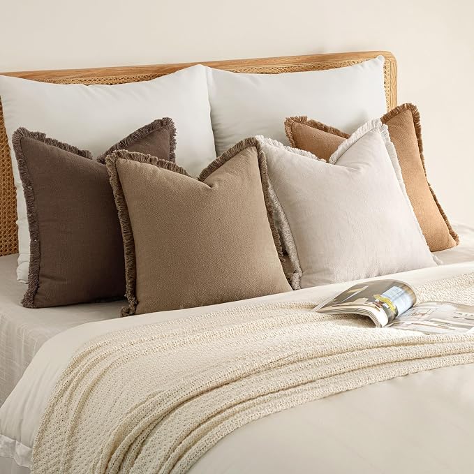 MIULEE Fall Linen Fringe Pillow Covers Set of 4 18x18 Neutral Brown | Boho Farmhouse Decorative Throw Pillow Covers, Neutral Soft Rustic Cushion Cases, for Couch Sofa Bed Living Room Home Decor