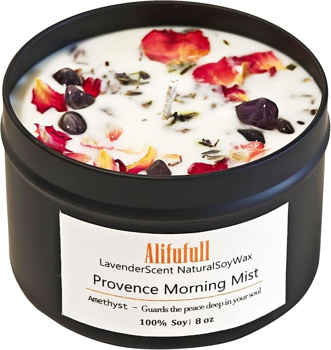Lavender Crystal Infused Aromatherapy Candle, 8oz Matte Black Tin | Natural Soy Wax, Real Amethyst Crystals & Dried Lavender Flower Petals, Stress Relief & Sleep Aid, Home Scented