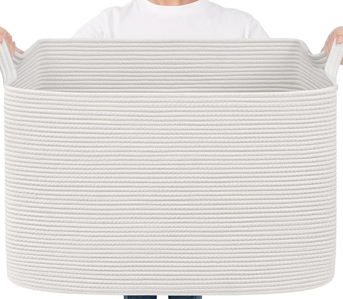 Goodpick 105L Extra Large Woven Rope Blanket Basket, Rectangle, White | 25'' x 16'' x 16'' Storage Basket for Blankets & Clothes, Living Room, Bedroom & Nursery Organization, Reinforced Handles