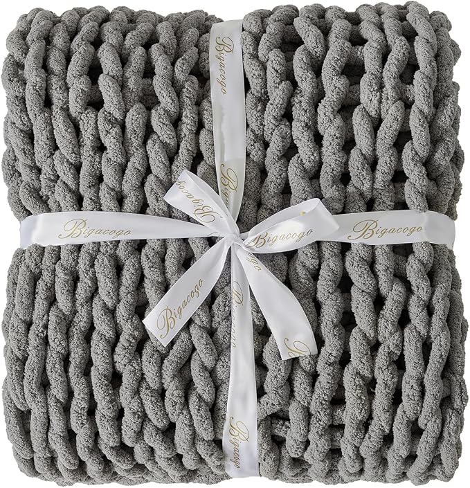 Bigacogo Chunky Knit Throw Blanket for Couch, 40x40 inches, Slate Gray | Hand Knit with Jumbo Chenille, Soft Breathable Cable Knit for Sofa Bed Living Room, Machine Washable, Gift for Mom Friend