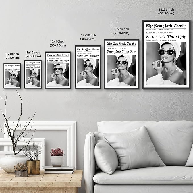 Framed Better Late Than Ugly Wall Decor Newspaper Audrey Hepburn Wall Art | Vintage Black and White Fashion Poster Chic New York Trends Glam Quote Canvas Print for Bedroom Bathroom Dorm 24x36inch