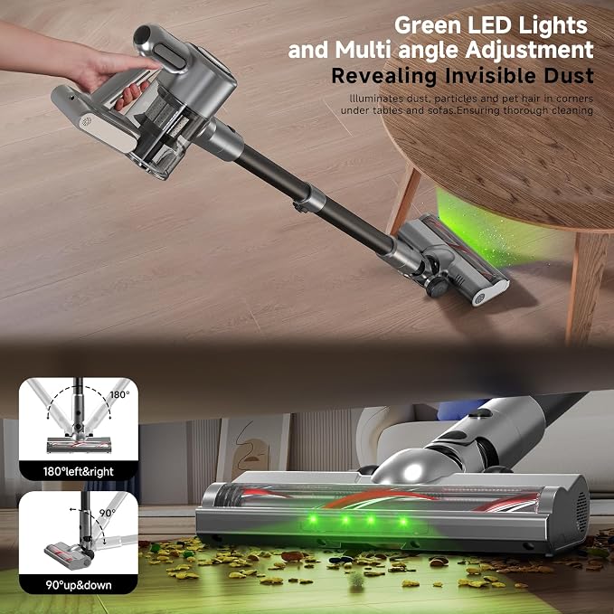 Cordless Stick Vacuum Cleaner - 45KPA Powerful Suction Vacuum with 45 Min Runtime, Detachable Battery, Anti-Tangle & 1.5L Dust Cup, 8 in 1 Vacuum Cleaner for Pet Hair, Carpet, HardFloor, Silver