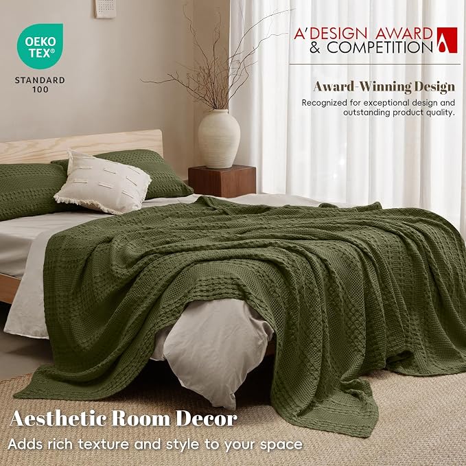 PHF 100% Cotton Waffle Weave Blanket Queen Size, Lightweight Breathable Summer Blanket for Hot Sleepers, Pre-Washed Soft Layer for Bed, Couch, Aesthetic Home Decor & Gift, 90"x90", Capulet Olive