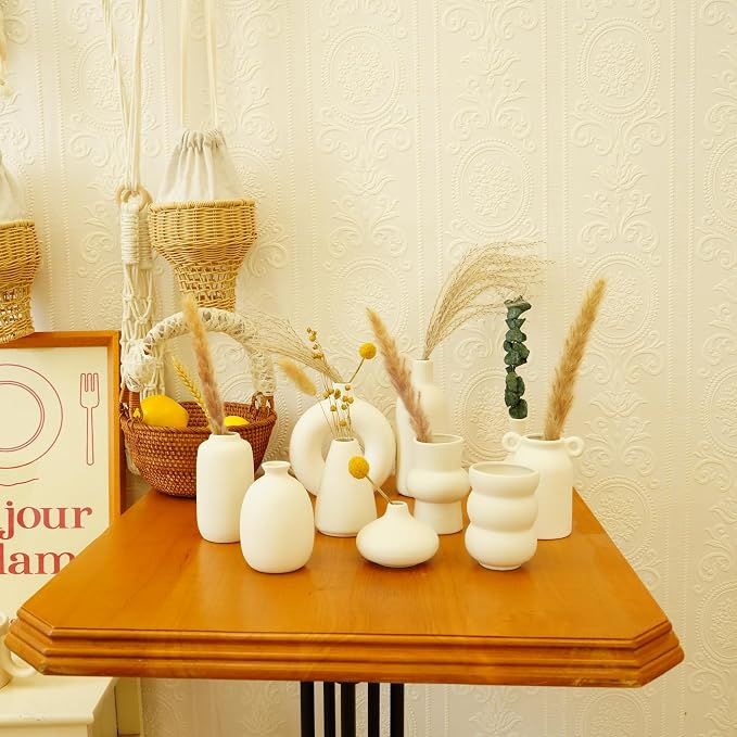 Small White Ceramic Vase Set of 10 Ceramic Bud Vases in Bulk Farmhouse Vase | for Pampas Grass Boho, Flowers, Decorative Modern Ceramic White Flower Vases for Home Decor, Entryway Table Decor