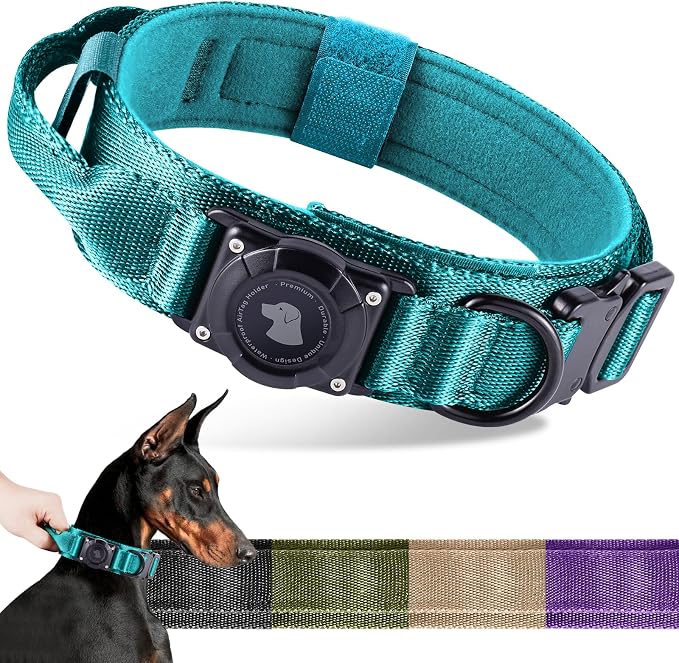 2026 Upgrade Waterproof Tactical AirTag Dog Collar, Built in AirTag Holder | Comfortable Control Handle, Quick Release Metal Buckle, Durable 1000D Nylon, For Medium to Large Dogs, Blue, XL