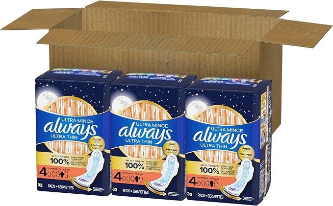 Always Ultra Thin Feminine Pads with Wings for Women, Size 4, Overnight Absorbency, Unscented, Up to 100% Leak-Free Comfort, 96 Count